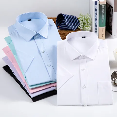 Men's Business Short Sleeve Shirt Slim Fit Solid Color Cotton Blend Twill Formal Work Dress Shirt Office Commuting Top