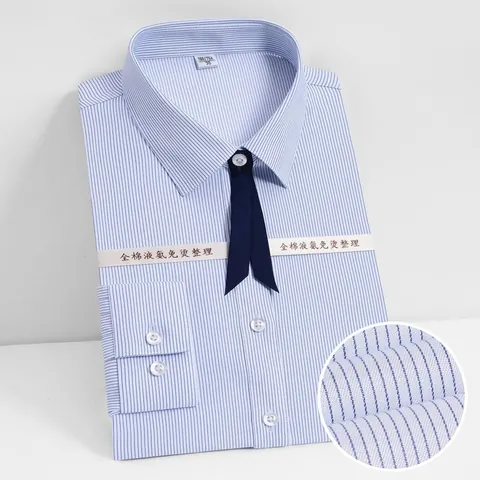 Women Business Cotton Long Sleeve Shirt Non-Iron Professional Formal White Blue Striped OL Office Blouse Top
