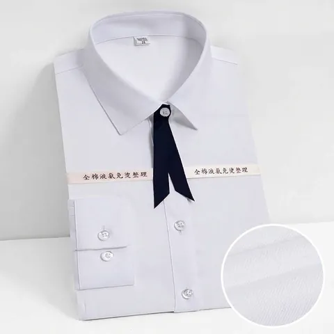 Women Business Cotton Long Sleeve Shirt Non-Iron Professional Formal White Blue Striped OL Office Blouse Top