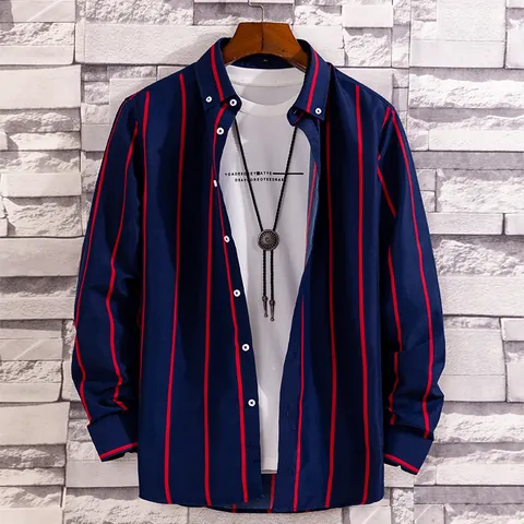 Men Fashion Striped Long Sleeve Shirt Slim Fit Pointed Collar Printed Casual Button Down Top For Nightclub Barber Work