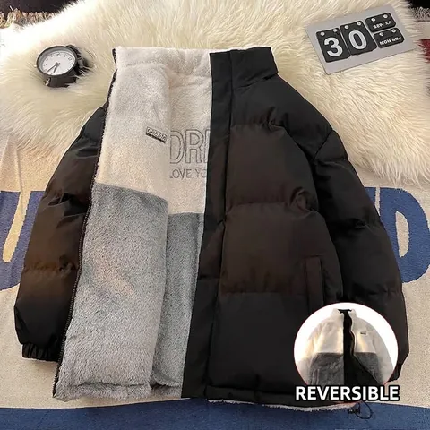 Reversible Stand Collar Cotton Padded Jacket For Men Women Winter Sherpa Fleece Patchwork Oversized Letter Printed Quilted Coat