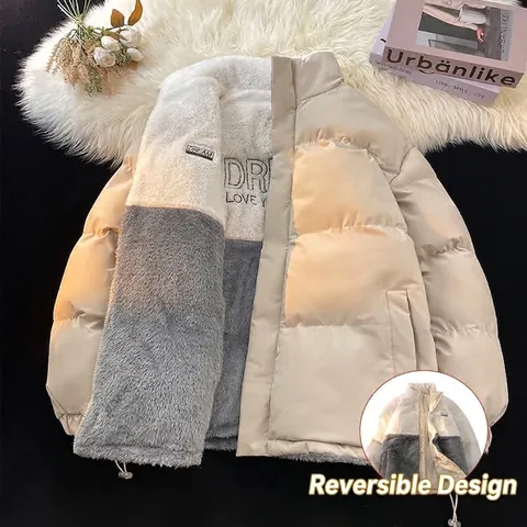 Reversible Stand Collar Cotton Padded Jacket For Men Women Winter Sherpa Fleece Patchwork Oversized Letter Printed Quilted Coat