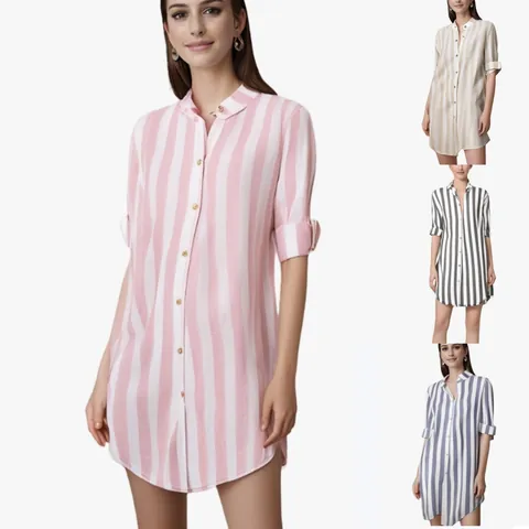 Women Casual Cotton Linen Striped Shirt Long Sleeve Button Down Lapel Loose Mid-length Blouse Office Daily Fashion Top