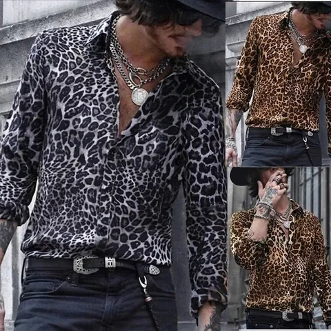 Men Leopard Print Long Sleeve Shirt Turn-down Collar Slim Fit Casual Polyester Button Down Printed Fashion Male Shirt Top