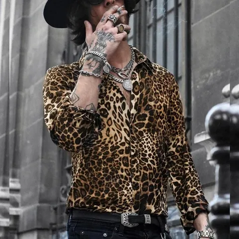Men Fashion Leopard Print Casual Shirt Lapel Collar Long Sleeve Button Down Streetwear Shirt Polyester Blouse Top For Men