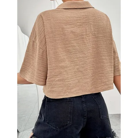 Women Short Sleeve Crop Shirt Blouse Textured Polyester Button Down Top with Pocket Casual Turn-down Collar Solid Color