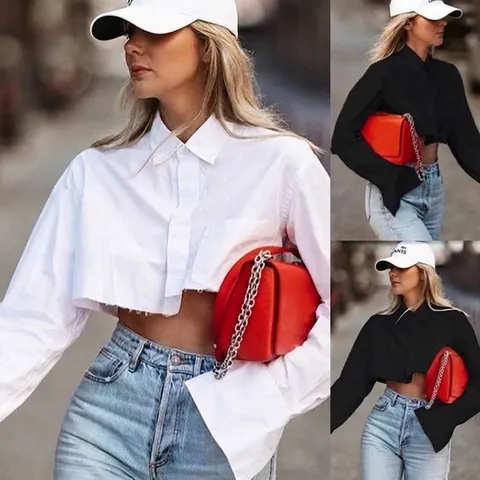 Blusa Corta para Mujer con Solapa Manga Larga Botones Dobladillo Irregular Deshilachado Color Sólido Casual Moda Diaria