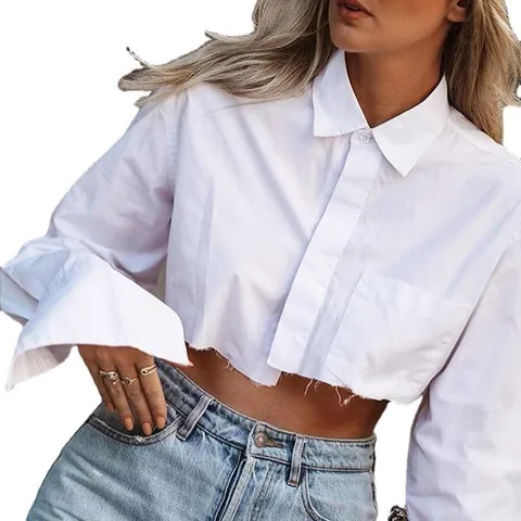 Blusa Corta para Mujer con Solapa Manga Larga Botones Dobladillo Irregular Deshilachado Color Sólido Casual Moda Diaria