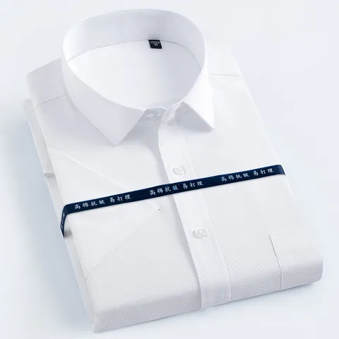 Men Short Sleeve Business Shirt Slim Fit Non-Iron Cotton Blend Striped Solid Color Formal Office Casual Top