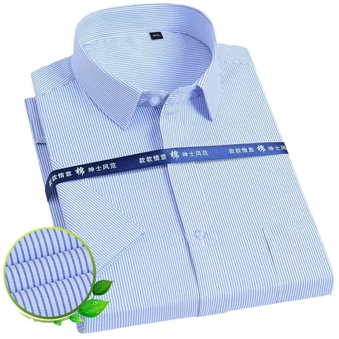 Men Short Sleeve Business Shirt Slim Fit Non-Iron Cotton Blend Striped Solid Color Formal Office Casual Top