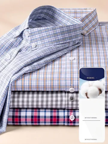 Camisa de Hombre 100% Algodón a Cuadros Manga Larga Smart Casual Sin Planchado Teñida en Hilo Cuadros Cuello con Botones Transpirable