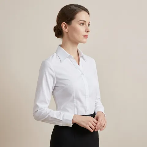 Women Long Sleeve White Business Shirt Slim Fit OL Formal Blouse Cotton Blend V Neck Professional Workwear For Interview