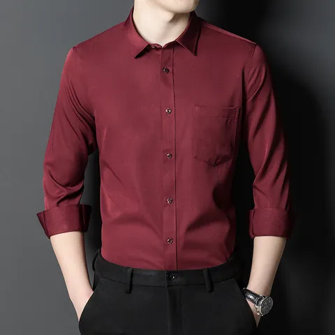 Men Business Casual Long Sleeve Shirt Slim Fit Non-Iron Elastic Woven Polyester Formal Dress Shirt With Pocket For Men