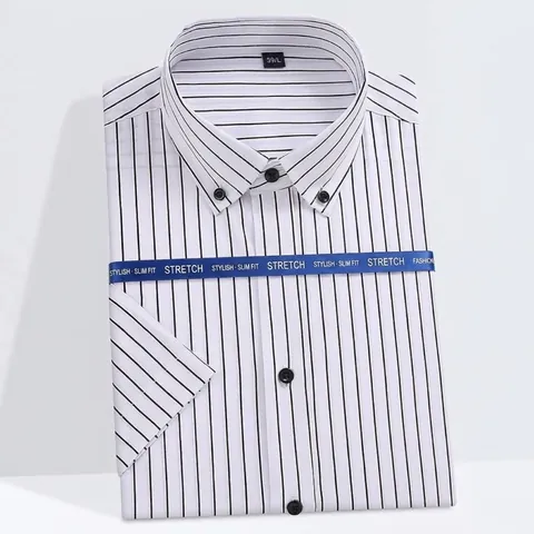 Men's Striped Short Sleeve Shirt Slim Fit Elastic Iron-Free Business Casual Button-Down Collar Formal Office Top