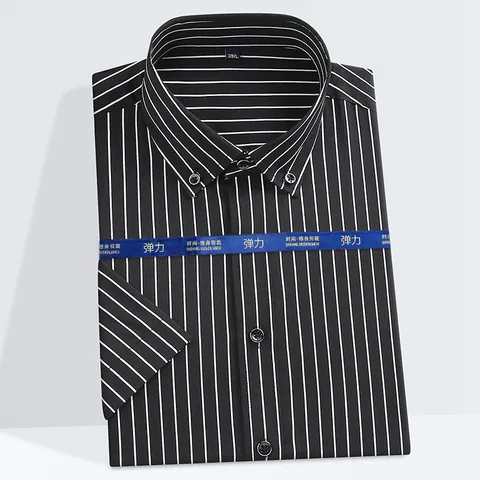 Men's Striped Short Sleeve Shirt Slim Fit Elastic Iron-Free Business Casual Button-Down Collar Formal Office Top