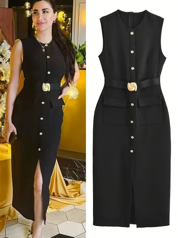 Women Elegant Commute Round Neck Sleeveless Polyester Dress Solid Slim Fit Midi Dress With Waist Belt Gold Buttons Work Party Dress