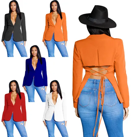 Sexy Blazer met Diepe V-hals voor Dames Effen Kleur Lange Mouw Slim Fit Top met Veterdetail op de Rug