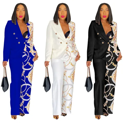 Ensemble Blazer et Pantalon pour Femme avec Imprimé Chaîne Dorée Baroque Haut et Bas Col Châle Double Boutonnage Élégant