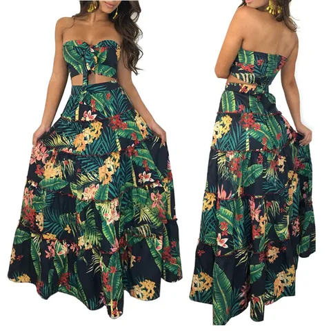 Women Tropical Floral Printed Off Shoulder Tube Top And Tiered Maxi Skirt Bohemian Vacation Style Top And Bottom Polyester