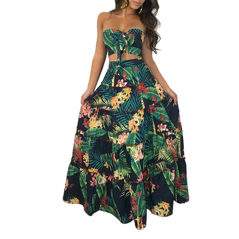 Women Tropical Floral Printed Off Shoulder Tube Top And Tiered Maxi Skirt Bohemian Vacation Style Top And Bottom Polyester