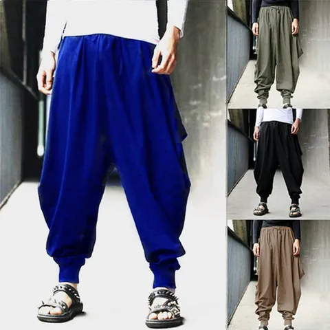 Heren Retro Casual Ruime Lantaarn Broek Katoen Laag Kruis Harembroek Trekkoord Taille Enkelmanchetten Streetwear Broek