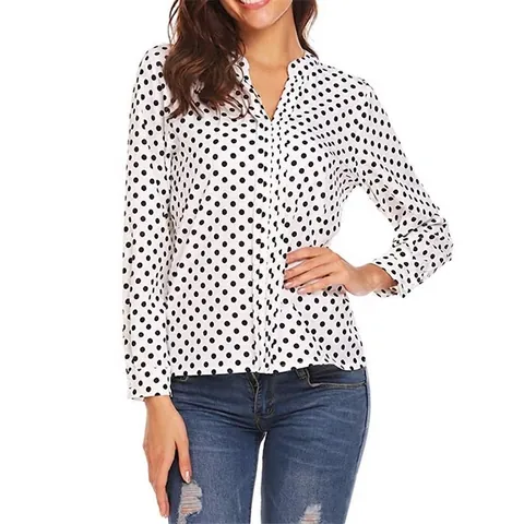 Women's Plus Size V-Neck Polka Dot Print Long Sleeve Shirt Casual Loose Polyester Blouse With Roll-Up Sleeves Fashion Top
