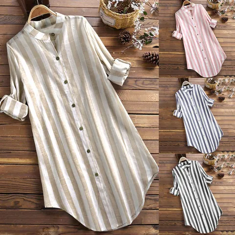 Women Casual Cotton Linen Striped Shirt Long Sleeve Button Down Lapel Loose Mid-length Blouse Office Daily Fashion Top