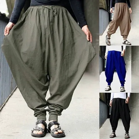 Herren Retro Baumwollleinen Haremhose Locker Drop Crotch Lässig Kordelzug Hose Vintage Boho Jogginghose Einfarbig Schlappig