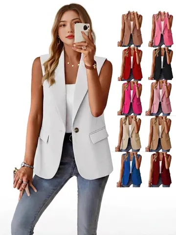 Women's Autumn Sleeveless Solid Color Blazer Jacket Casual Mid-Length Lapel Single Button Office Vest Top With Pockets