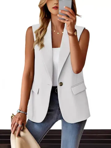 Women's Autumn Sleeveless Solid Color Blazer Jacket Casual Mid-Length Lapel Single Button Office Vest Top With Pockets