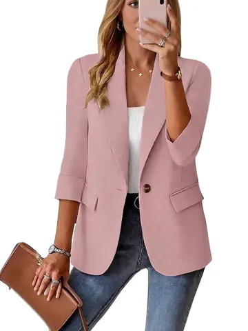 Women Professional Blazer Jacket Three Quarter Sleeve Solid Color Lapel Suit Coat Business Casual Office Commuter Outwear Polyester