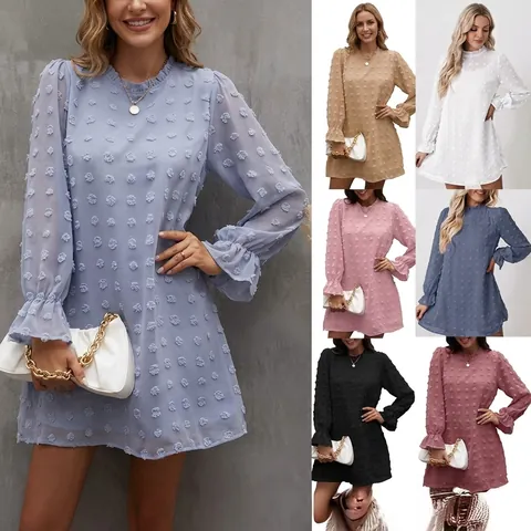 Abito Mini in Chiffon da Donna Sweet Swiss Dot Manica a Sbuffo Collo con Volant Linea a Trapezio Vestito Casual per Festa