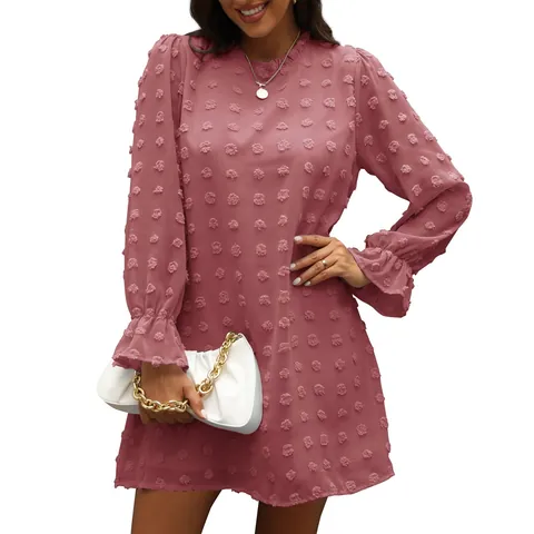 Abito Mini in Chiffon da Donna Sweet Swiss Dot Manica a Sbuffo Collo con Volant Linea a Trapezio Vestito Casual per Festa