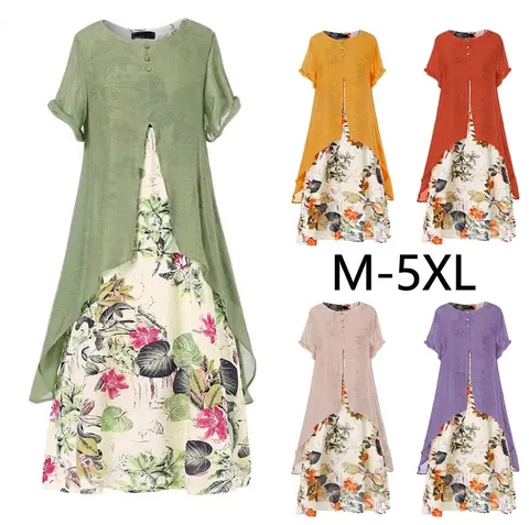 Women Bohemian Cotton Linen Floral Maxi Dress Fake Two Piece Round Neck Short Sleeve A-Line Big Swing Casual Long Dress