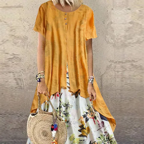 Women Bohemian Cotton Linen Floral Maxi Dress Fake Two Piece Round Neck Short Sleeve A-Line Big Swing Casual Long Dress