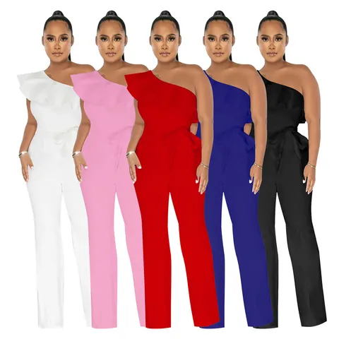 Women Elegant One Shoulder Ruffle Jumpsuit Polyester Solid Color Wide Leg Romper With Belt Sexy Party Clubwear Jumpsuit