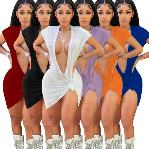 Women Sexy Deep V Neck Short Sleeve Mini Dress Solid Color Knot Front Bodycon Nightclub Party Dress Slim Fit Summer Dress