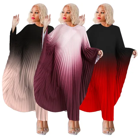 Plus Size Women Pleated Maxi Dress Gradient Batwing Sleeve Round Neck Loose Casual Western Style Long Dress For Party