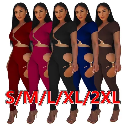 Ensemble Sexy Nervuré pour Femme avec Crop Top à Col en V et Pantalon Taille Haute Ajouré Top And Bottom Set avec Anneau en Métal