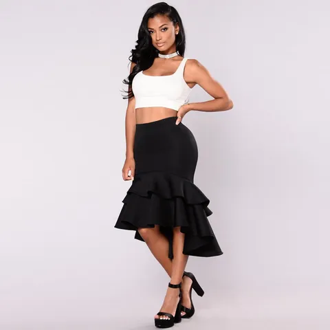 Women Polyester High Low Fishtail Skirt Sexy Solid Color Ruffle Hem High Waist Midi Bottom Fashion Skirt