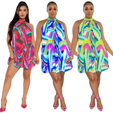 Women Halter Neck Sleeveless Pleated Mini Dress Colorful Geometric Print Casual Beach Party Vacation Summer Sundress