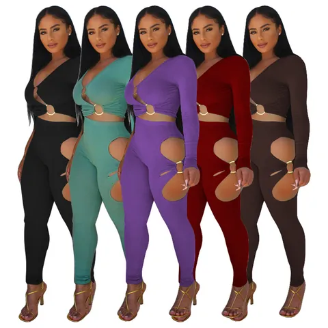 Ensemble Deux Pièces Sexy pour Femmes Nervuré Col en V Profond Crop Top Manches Longues et Pantalon Taille Haute Ajouré