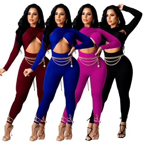 Combinaison Sexy pour Femmes Avec Découpe Croisée Manches Longues Moulante Couleur Unie Pantalon Long Avec Chaîne de Taille