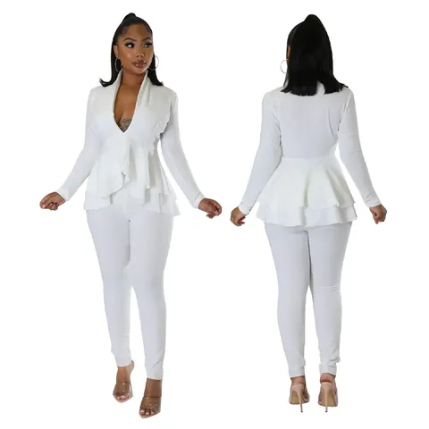 Dames Elegant V-Hals Peplum Lange Mouw Top En Slim Pencil Broek Twee Delig Set Effen Kleur Professionele Outfit
