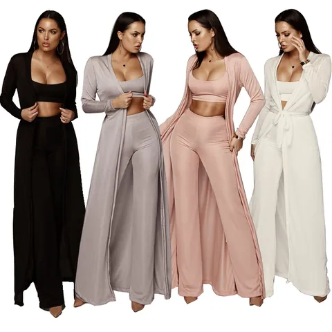 Women European Style 3-Piece Ribbed Knit Lounge Set Long Cardigan Crop Top And Wide Leg Pants Solid Color Elastic Suits