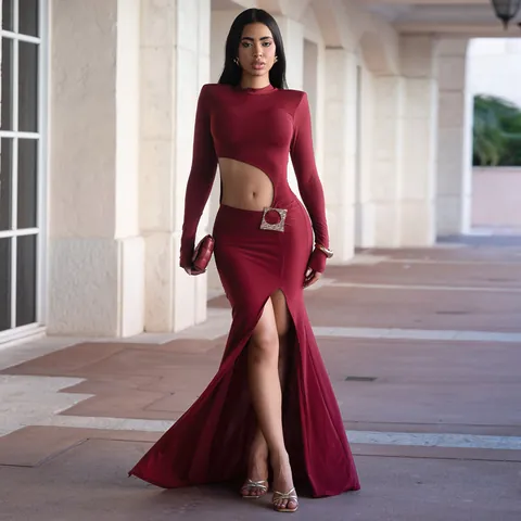 Sexy Women Round Neck Long Sleeve Cutout Bodycon Maxi Dress Wine Red Party Evening Mermaid Dress With Metal Buckle