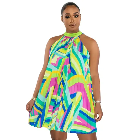 Women Halter Neck Sleeveless Pleated Mini Dress Colorful Geometric Print Casual Beach Party Vacation Summer Sundress