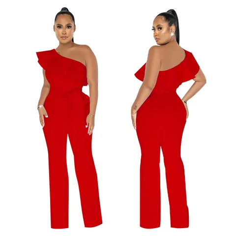 Women Elegant One Shoulder Ruffle Jumpsuit Polyester Solid Color Wide Leg Romper With Belt Sexy Party Clubwear Jumpsuit