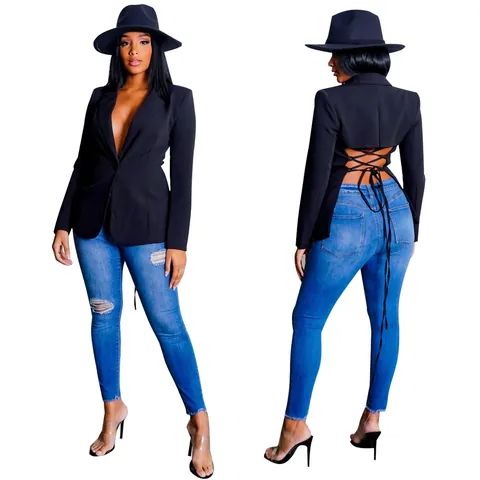 Sexy Blazer met Diepe V-hals voor Dames Effen Kleur Lange Mouw Slim Fit Top met Veterdetail op de Rug
