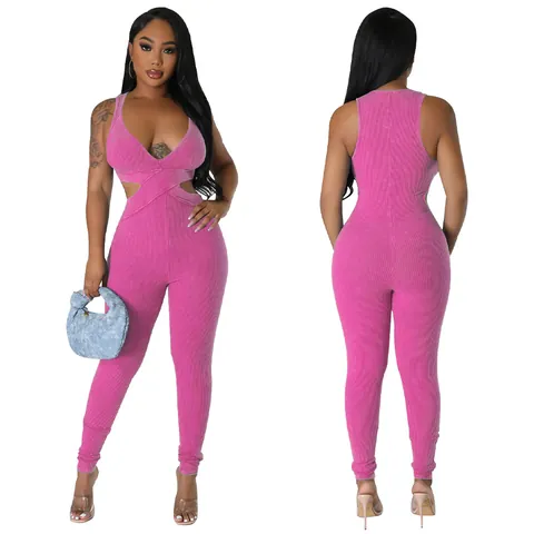 Women Sexy Deep V Neck Sleeveless Jumpsuit Ribbed Cut Out Waist Crisscross Skinny Bodysuit Long Pants Clubwear Romper